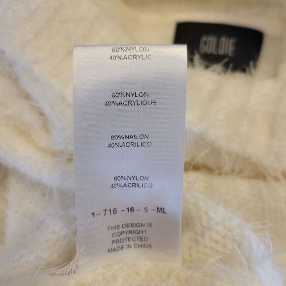 Goldie Winter White Eyelash Fringe Fuzzy Chenille Knit Turtleneck Sweater - Picture 9 of 11